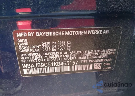 2019 BMW M550I xDrive z USA, uszkodzony, nr VIN WBAJB9C51KB465157